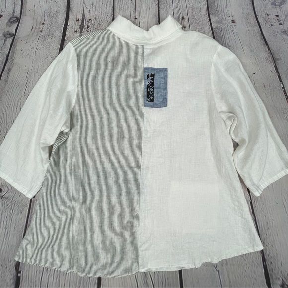 ODILE 100% linen button down white blue contrast shirt top, size S - Picture 10 of 13